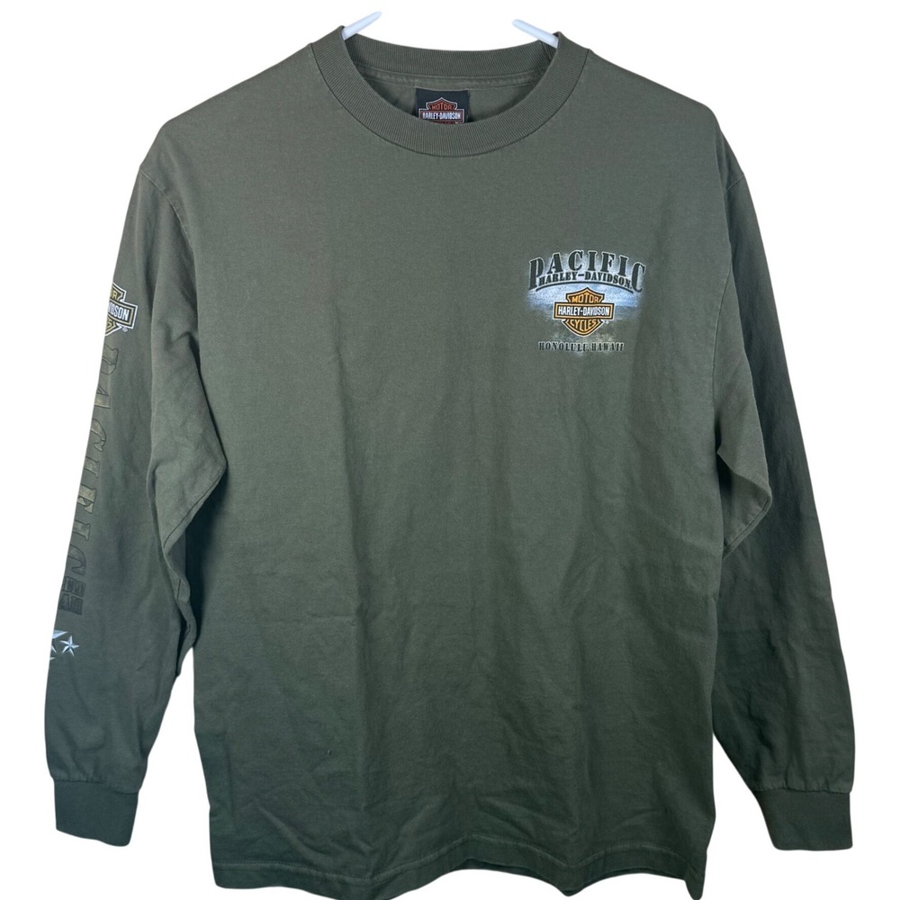 Harley-Davidson Long Sleeve Shirt Mens Medium Green Armed Forces Honolulu Hawaii
